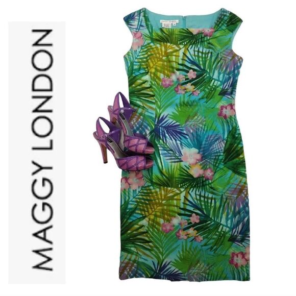 VTG 90s Maggy London Green Tropical Sleeveless Linen Blend Dress Size 8 - Picture 1 of 14